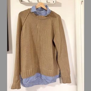 Tan Sweater with Blue Striped Shirt Layer